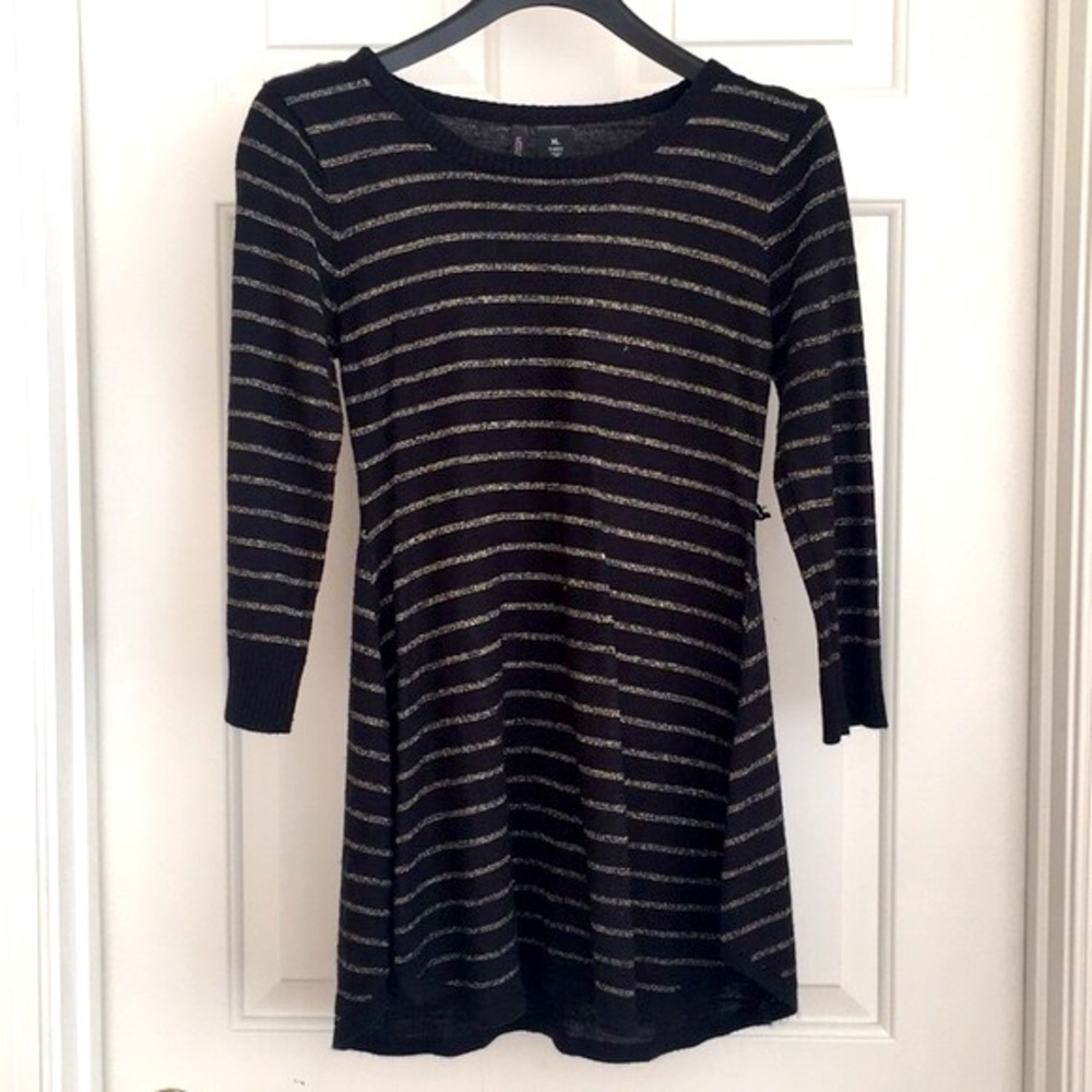 MISSUNDERSTOOD Girls Dress XL Black Gold Stripes 3/4 Sleeves